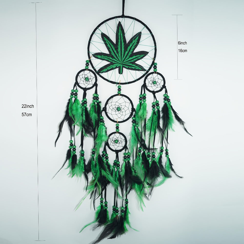 Bohemian Dream Catcher with Feathers & Leaf Embroidery, Boho Wall Hanging Decor for Bedroom, Bedside