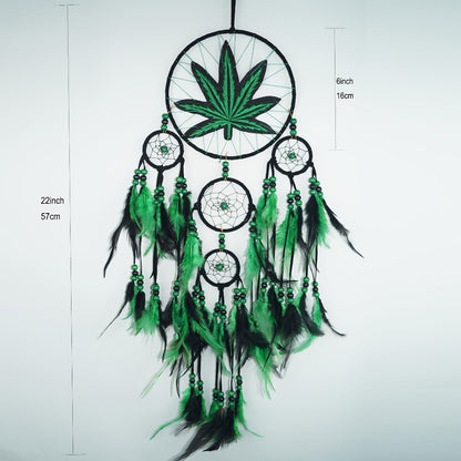 Bohemian Dream Catcher with Feathers & Leaf Embroidery, Boho Wall Hanging Decor for Bedroom, Bedside