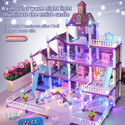 LED Dollhouse Playset for Girls, Purple Multi-Room Playhouse with Doll Figures, Puppies, Furniture & LED Lighting