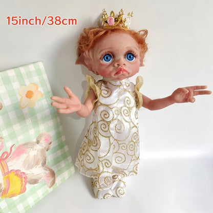 Fairy Elf Reborn Doll 15 Inch Vinyl Full Body Hand-Painted Collectible Art Doll with Wavy Hair & Crown
