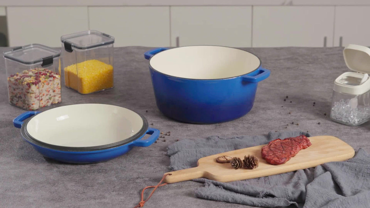 6QT Enameled Cast Iron Dutch Oven with Reversible 2QT Skillet-Style Lid and Four Color Options