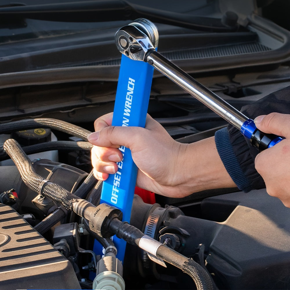 Ratchet Wrench 2-in-1 Offset Extension with 1/4" 3/8" 1/2" Square Head Adapters, 180-Degree Rotation High Torque Non-Slip Handle