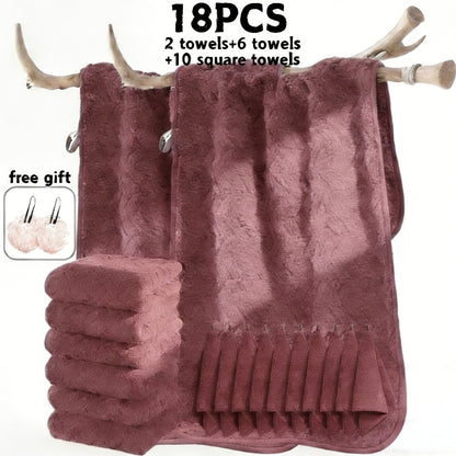 Bath Towels Set 18 or 20 Piece Coral Fleece Mix with Washcloths and Bath Ball in Multiple Colors