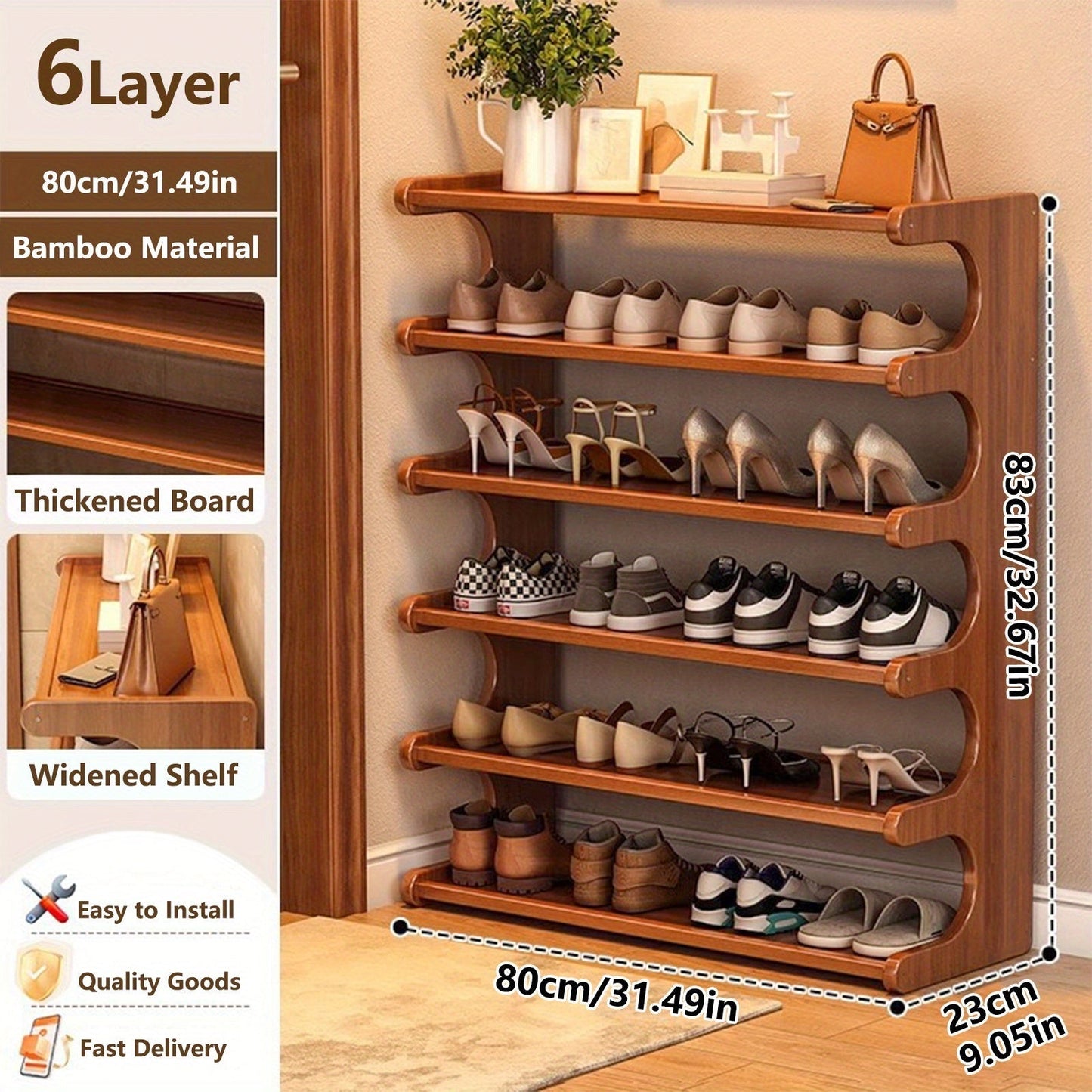 Shoe Rack Bamboo Freestanding Organizer with 3-Layer, 5-Layer or 6-Layer Brown Height Options