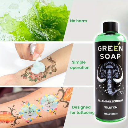 Tattoo Green Soap Cleansing Solution Kit – Professional Tattoo Wash Soap with Squeeze Bottle, Safe Moisturizing Foam for Tattoo Artists Skin