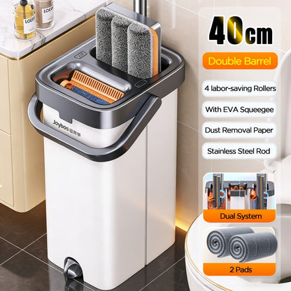 Flat Floor Mop and Bucket Set with Self-Cleaning System – Manual Squeeze Mop for Home, Office, Living Room, Bathroom & Kitchen – ABS