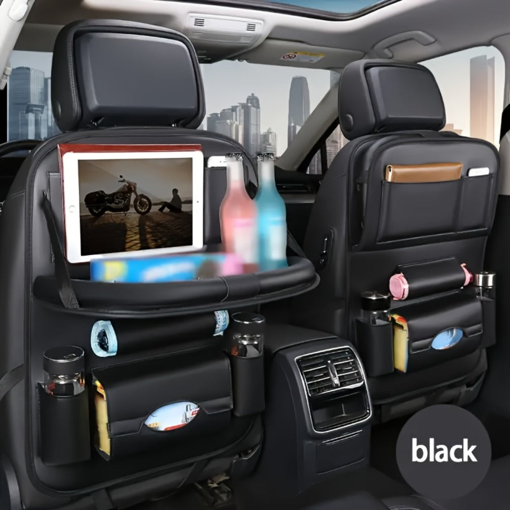 Two-Pack Seatback Car Organizer with Fold-Down Tray, Cup Pockets, Tissue Opening and Umbrella Storage