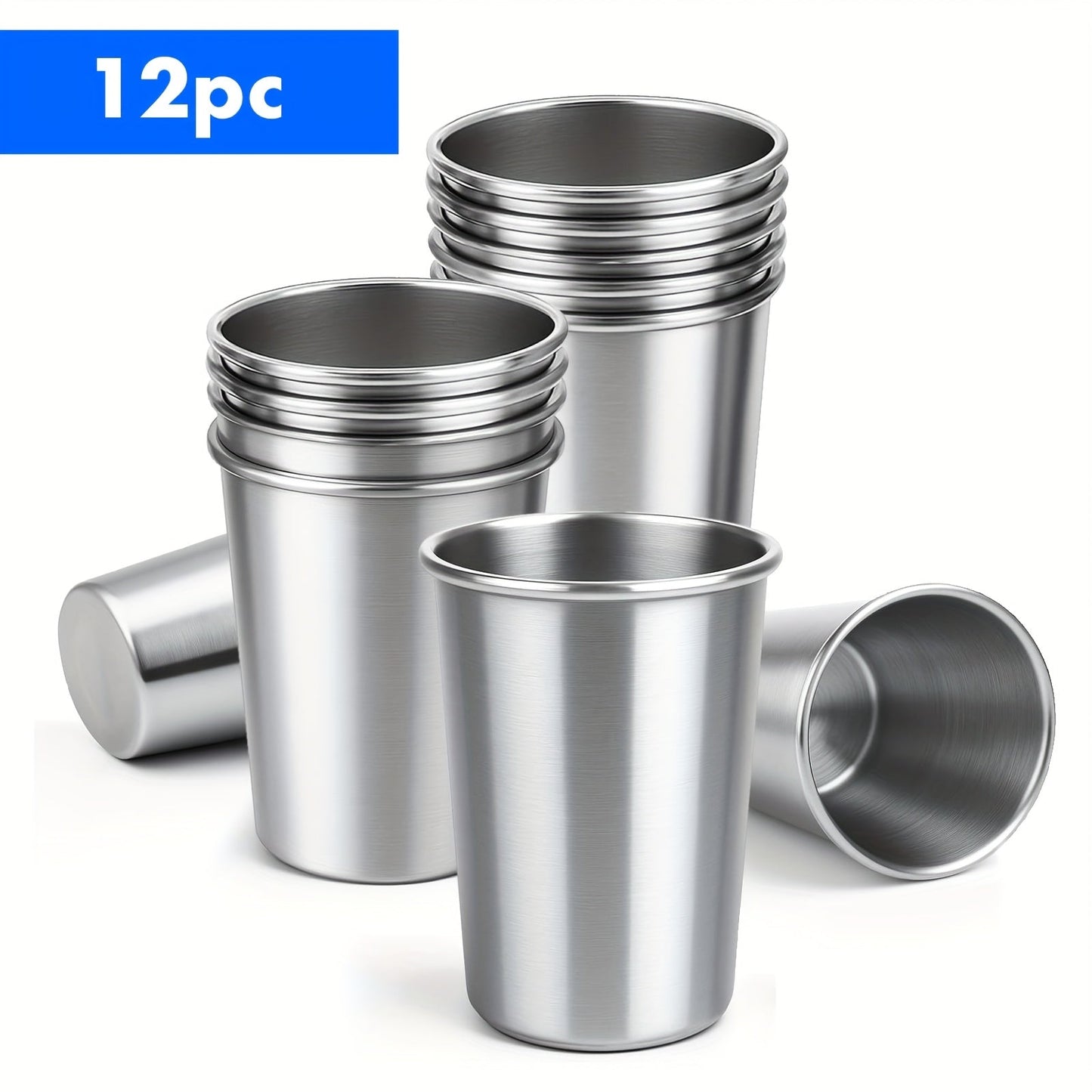 Stainless Steel Pint Glasses 12 Pack 16oz, Unbreakable Metal Drinking Cups, Commercial Grade Stackable Barware