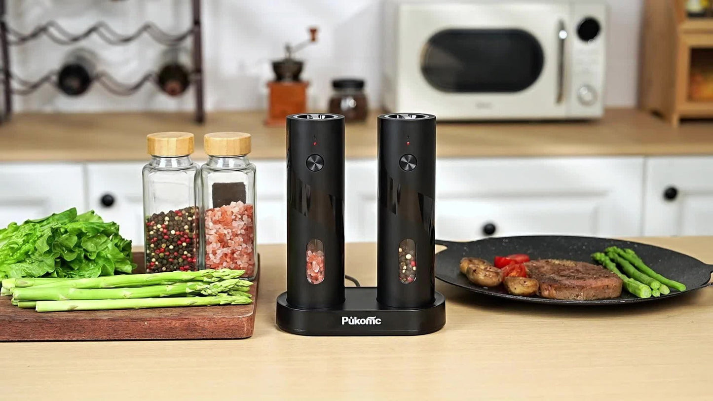 Electric Pepper Grinder Set of 2, Rechargeable with Charging Base, 6 Adjustable Coarseness Settings