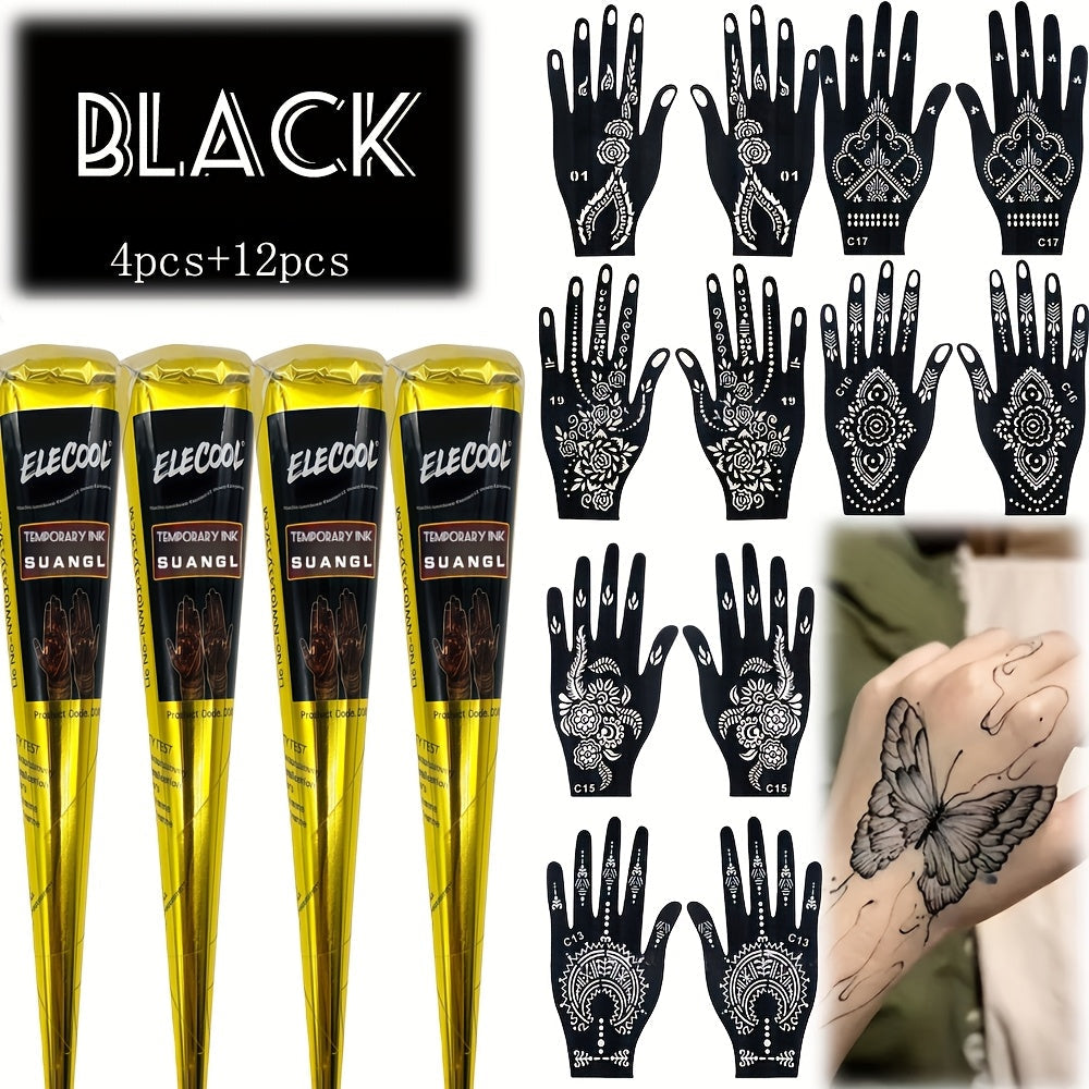 Temporary Semi-Permanent Tattoo Paste Kit - Body Art Gel in Brown & Black with Tattoo Templates