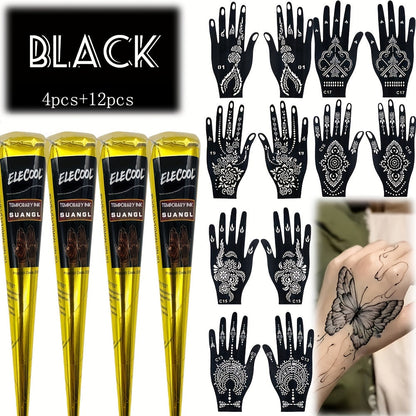 Temporary Semi-Permanent Tattoo Paste Kit - Body Art Gel in Brown & Black with Tattoo Templates