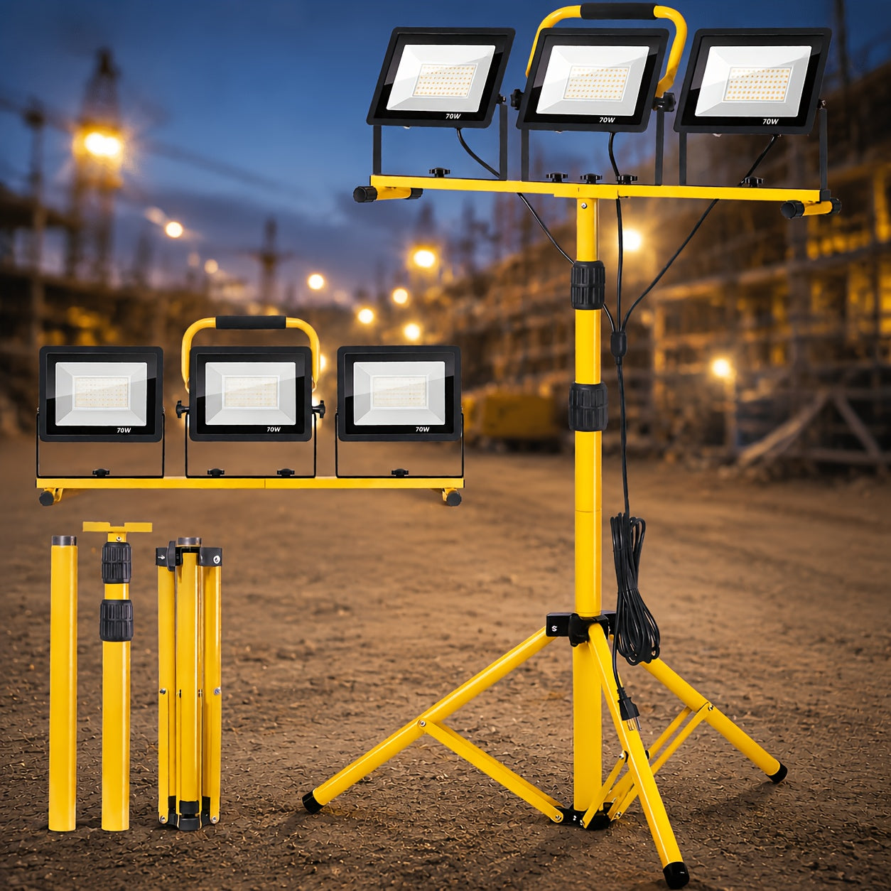 Three-Head Yellow LED Tripod Work Light with Detachable Lamps, Adjustable Stand and 16.5-Foot Cord