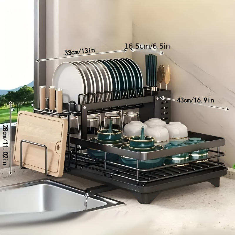 Two-Tier Dish Drying Rack Set with Metal Frame, Drainboard, Mat and Utensil and Cup Holders