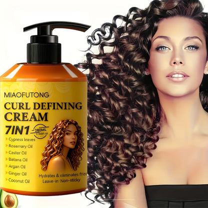 7-in-1 Curl Defining Cream by MIAOFUTONG in 280ml Pump Bottle with Seven Front-Label Botanical Ingredients