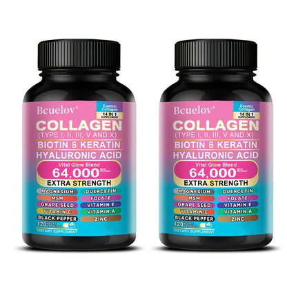 Collagen Capsules Types I II III V X with Biotin Keratin Hyaluronic Acid, Supports Skin Elasticity Hair Growth & Nail Strength