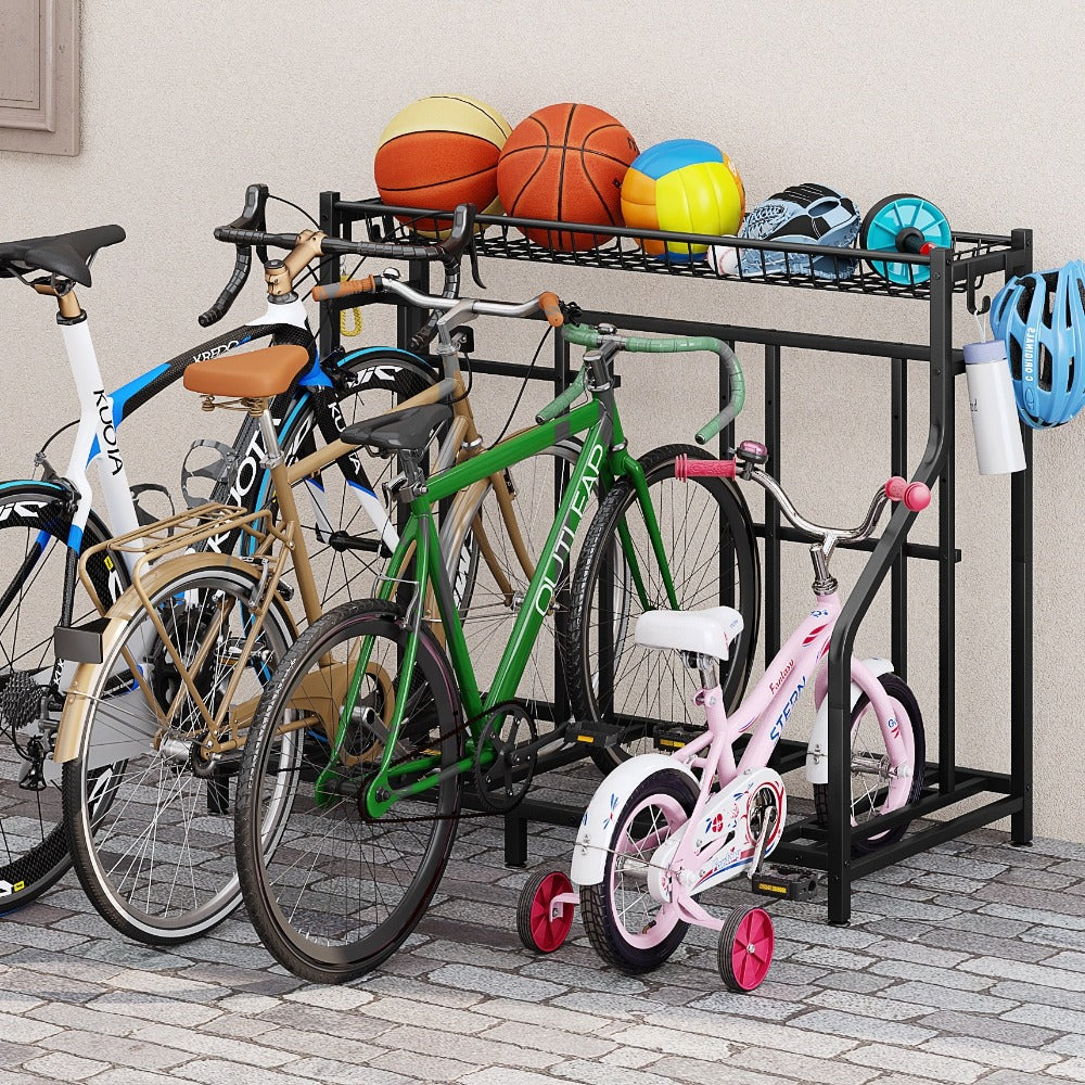 Freestanding Bike Storage Stand with Basket & Hooks, Adjustable Floor Rack for 3-4 Bikes, Indoor Outdoor Garage Organizer