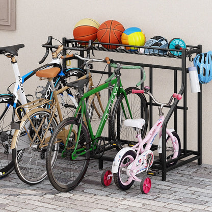 Freestanding Bike Storage Stand with Basket & Hooks, Adjustable Floor Rack for 3-4 Bikes, Indoor Outdoor Garage Organizer