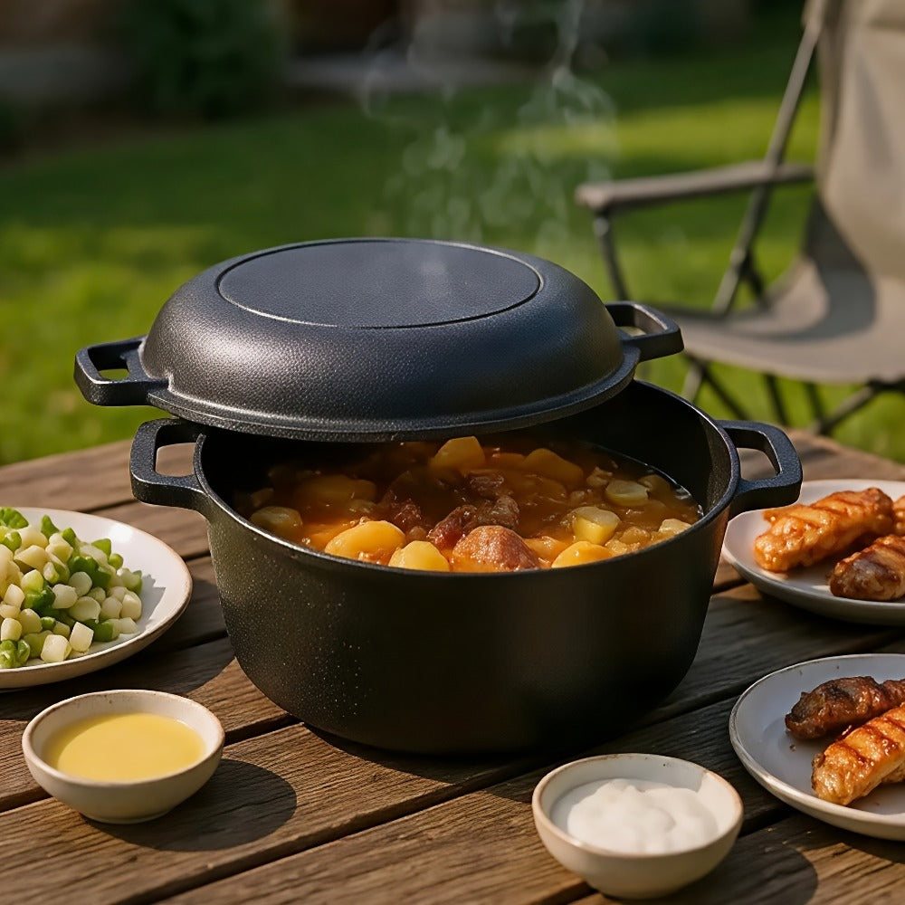 Cast Iron Dutch Oven Set 5.1QT & 7QT with Skillet Lid – Pre-Seasoned 2-in-1 Cookware for Stovetop, Induction, Oven, Campfire & BBQ