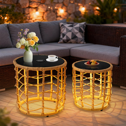 Outdoor Side Tables for Patio, Set of 2 Nesting PE Wicker Frames with Tempered Glass Tops for Patio or Balcony Layouts