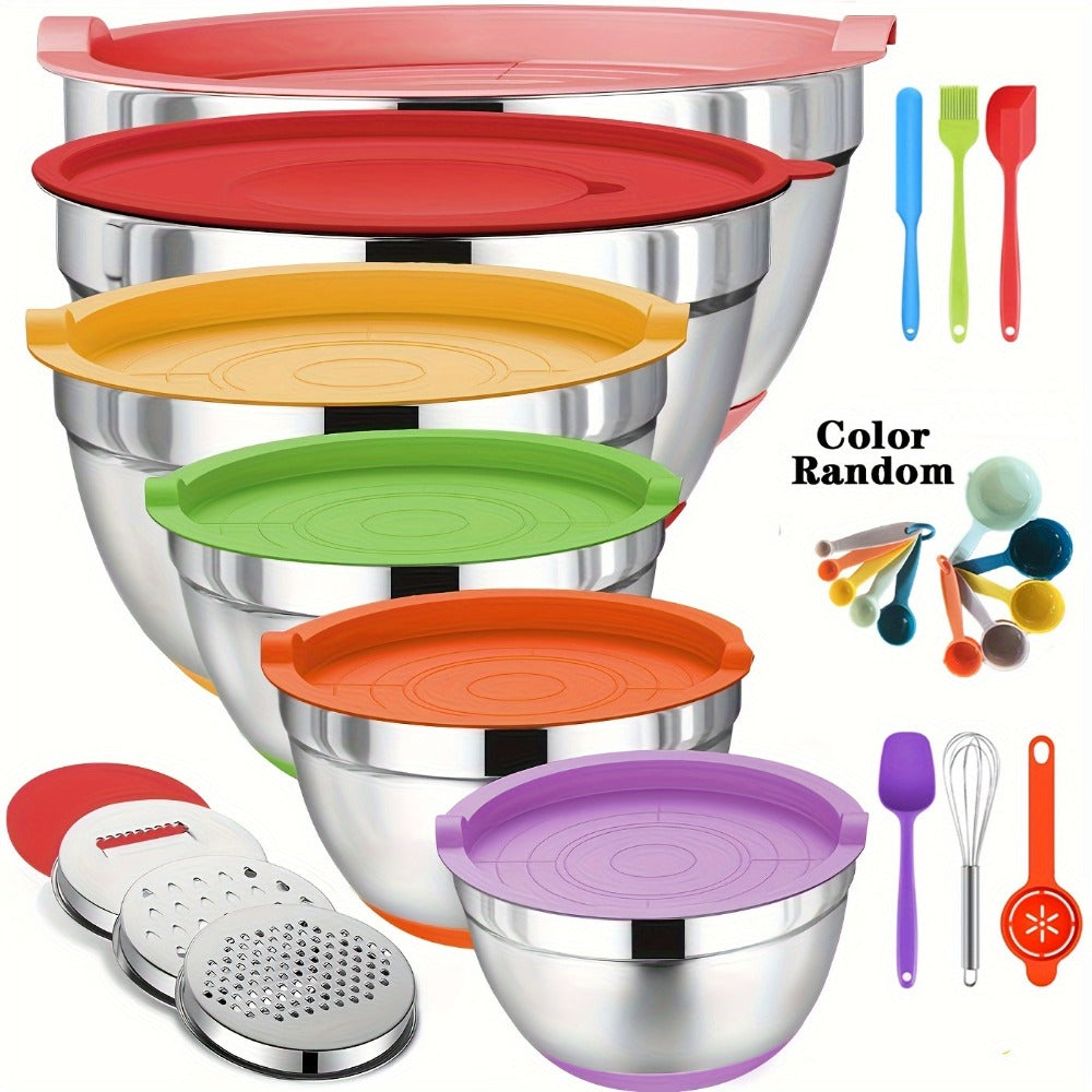 Nested Mixing Bowl Set with Khaki, Black or Mixed-Color Lids, Grater Inserts and Prep Tools