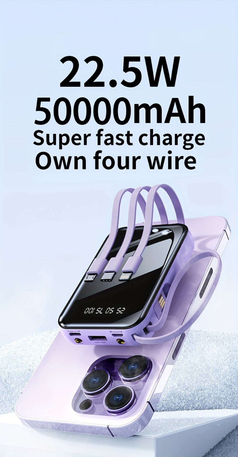 Power Bank 50000mAh 22.5W with Integrated Cable Array, Digital Display and LED Flashlight in Two Colors