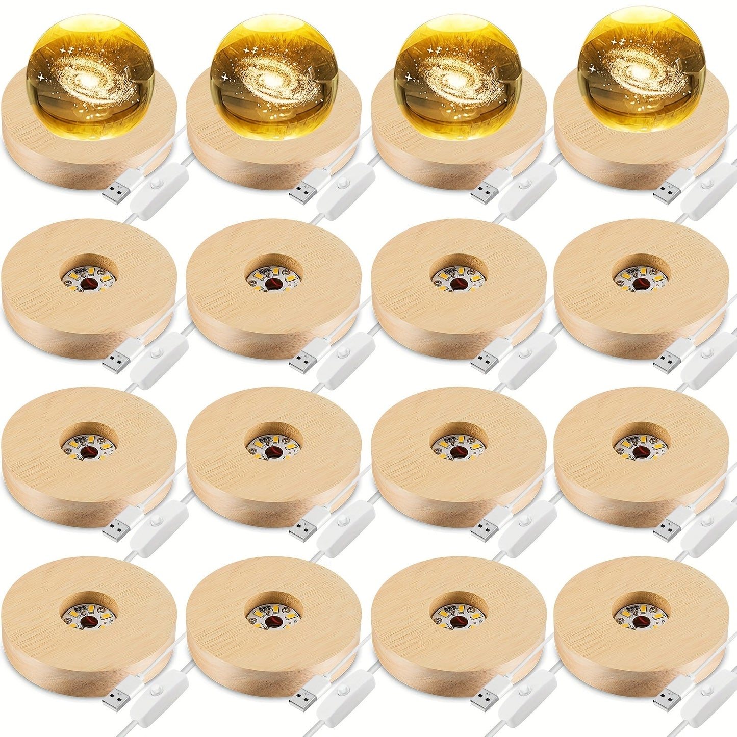 LED Light Base Wooden Display Stand 16 Pack USB Powered White Light Base for 3D Crystal for Parties, Celebrations and Guest Favors