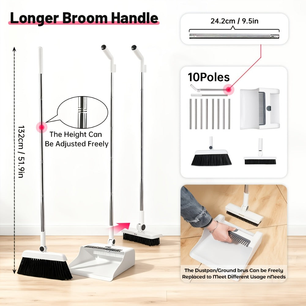 Broom and Dustpan Set 3-in-1 with Wiper – Non-Stick Hair Sweeper Household Floor Broom Combo for Indoor Outdoor Use