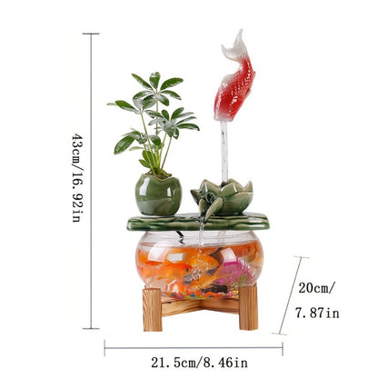 USB Desktop Fish Waterfall Fountain with Glass Bowl, Relaxing Indoor Water Feature Tabletop Decor Zen Fountain Gift