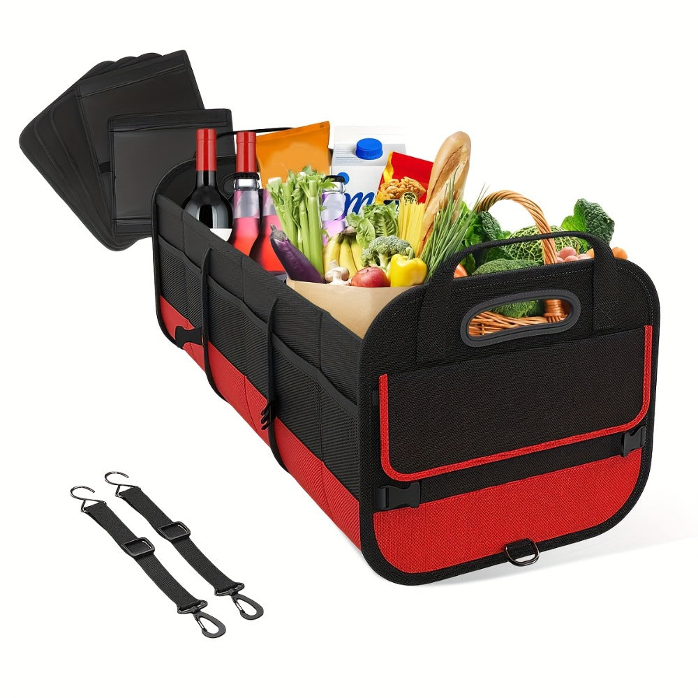 Car Trunk Organizer, 95L Foldable 4-Compartment Bin with Two Retractable Straps and Divider Set