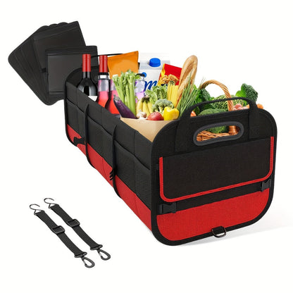 Car Trunk Organizer, 95L Foldable 4-Compartment Bin with Two Retractable Straps and Divider Set