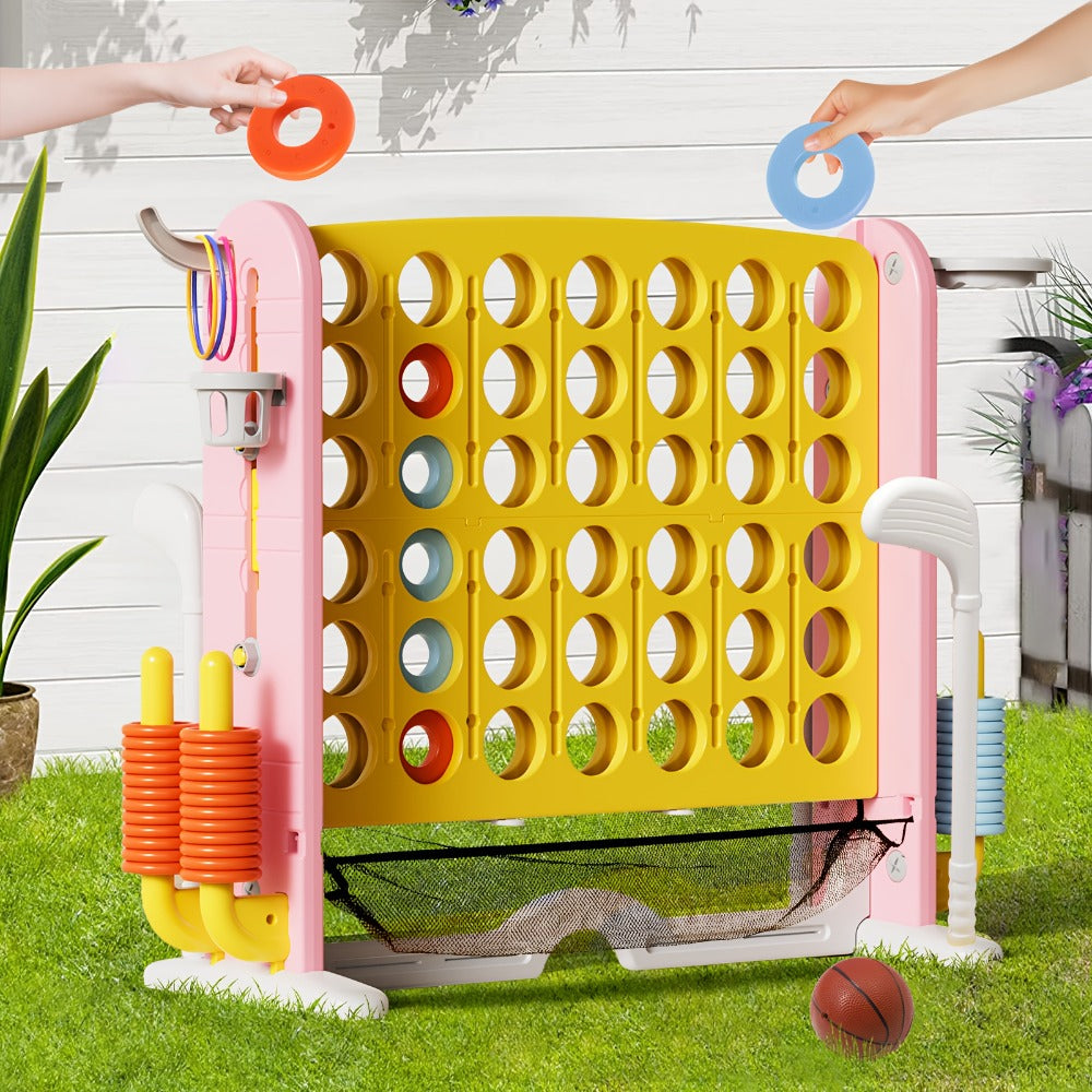 4-in-1 Giant Connect Four Game Set for Kids & Adults, Adjustable Height with Basketball Hoop, Golf Putting