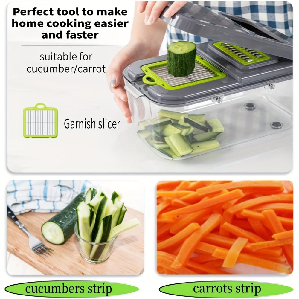 22-in-1 Vegetable Chopper with Gray Container, 13 Blade Inserts, Lemon Squeezer and Egg Separator Accessories
