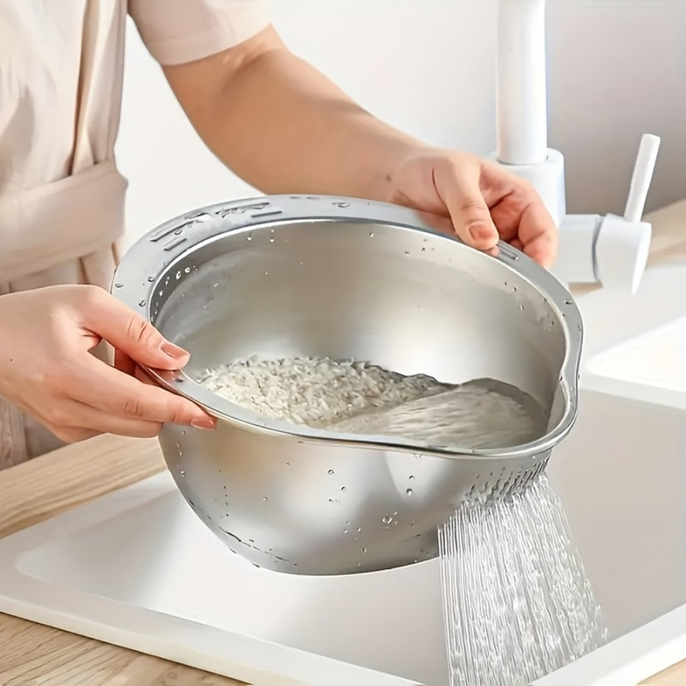 Stainless Steel Kitchen Colander with Handle – Multipurpose Rice Strainer Mesh Basket for Washing Rice