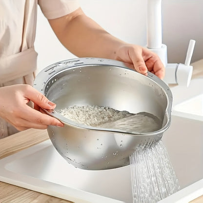Stainless Steel Kitchen Colander with Handle – Multipurpose Rice Strainer Mesh Basket for Washing Rice