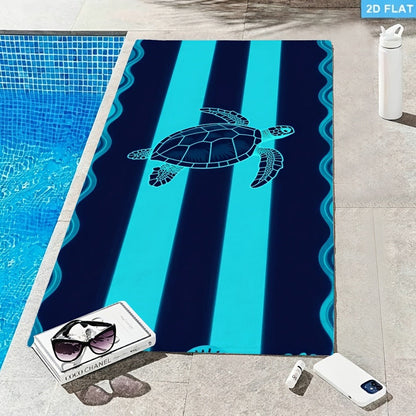Sea Turtle Beach Towel, Blue Striped Nautical Print, Microfiber, Stylized Wave Pattern, Ideal for Beach Trips