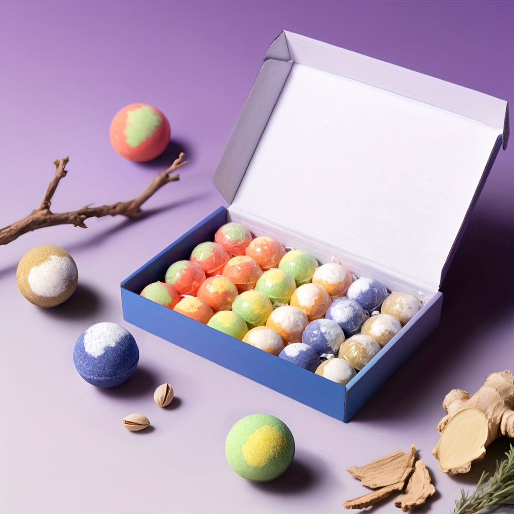 Bath Bombs, 24-Piece Essential Oil Gift Set with 20g Round Fizzers, Assorted Colors and Fragrance Styles