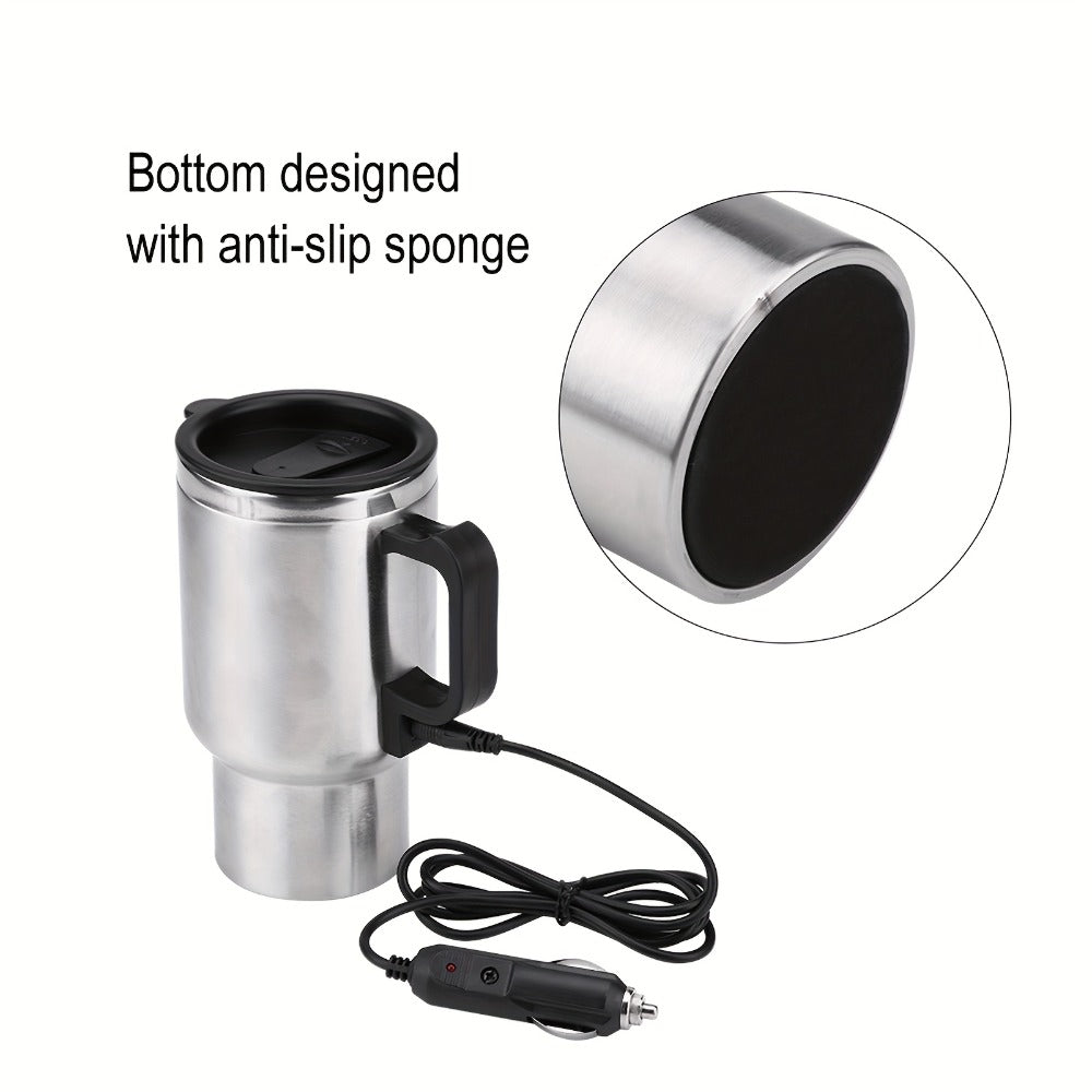 12V Car Electric Heating Travel Mug 450ml, Stainless Steel Car Electric Kettle with Cigarette Lighter Plug