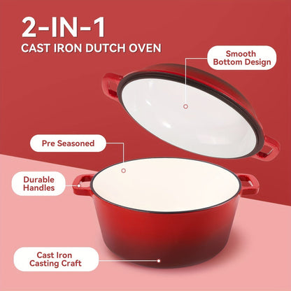 6QT Enameled Cast Iron Dutch Oven with Reversible 2QT Skillet-Style Lid and Four Color Options
