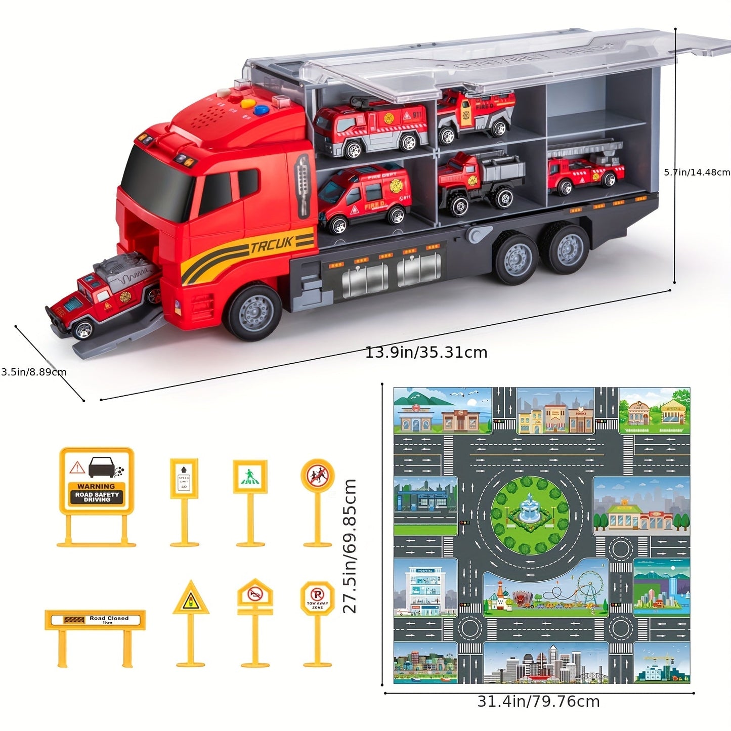 Fire Truck Toy Set for Kids Ages 3-6, Die-Cast Metal Carrier Truck with Play Mat, Emergency Vehicle Collection