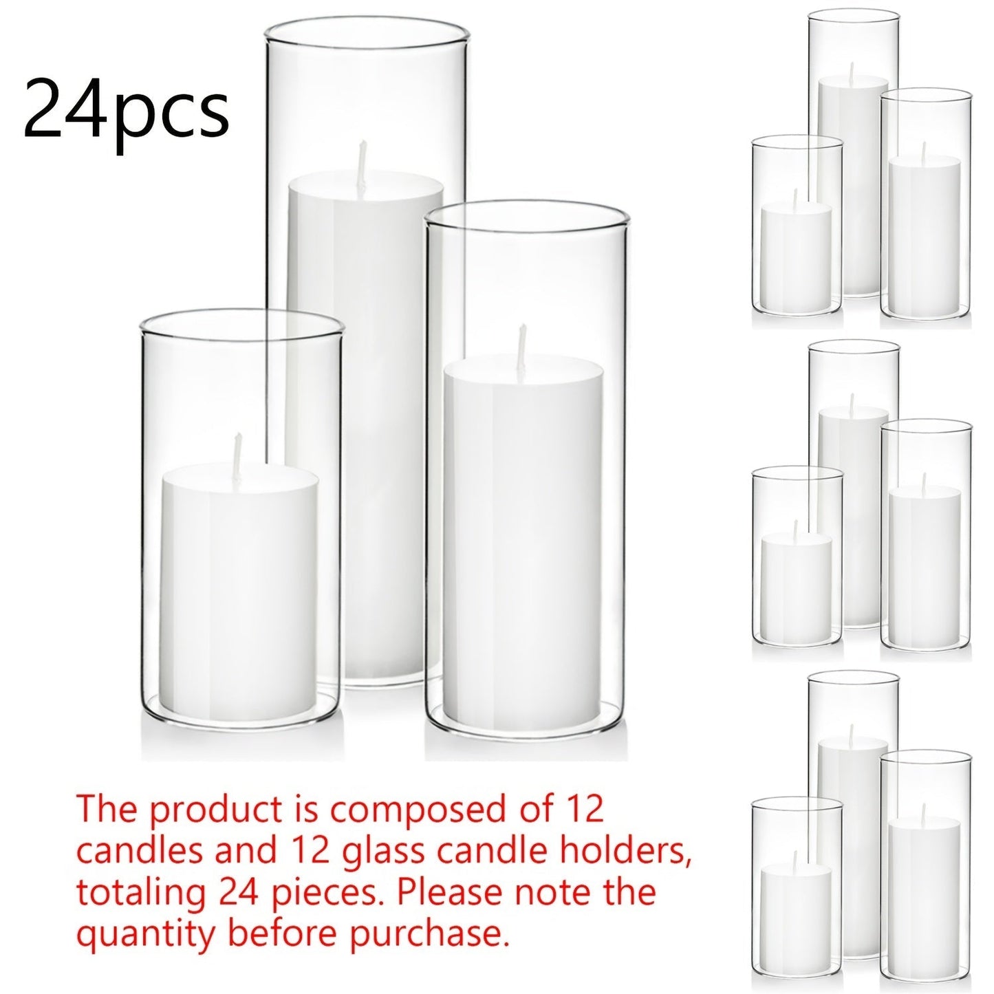 Pillar Candles with Clear Glass Hurricane Holders, Unscented White Cylinder Candles & Vases for Wedding Centerpieces