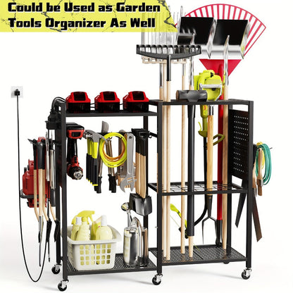 Mobile Tool Cart with Charging Station, 12 Drill Holders & 5 Storage Shelves Power Tool Organizer