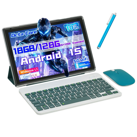 10.1-Inch Android 15 Tablet with 18GB Configured Memory, 128GB Storage, Dual-Band Wi-Fi and Keyboard Set Options