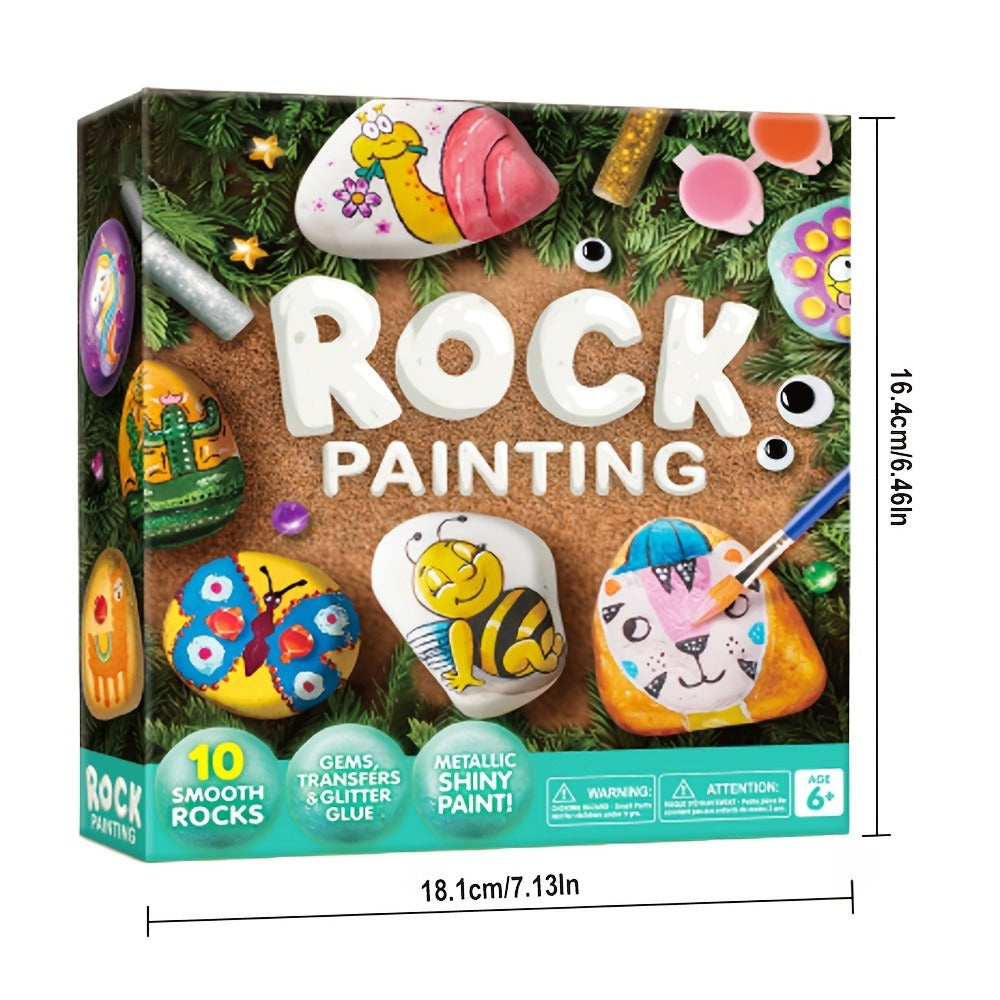 Rock Painting Craft Kit with 10 Stones, 16 Paint Colors, Brushes, Gems, Glitter and Stickers