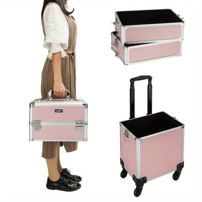 Four-Section Rolling Makeup Train Case with Removable Stack, Telescoping Handle and Four Color Finishes