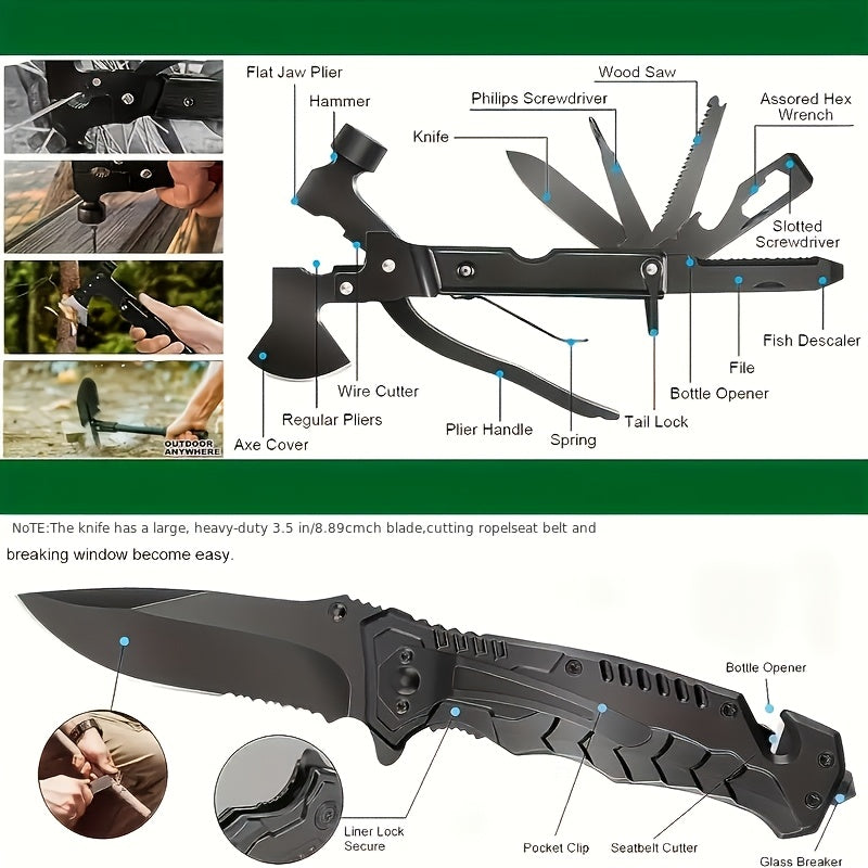 Shovel and Axe Outdoor Tool Kit with Folding Implements, Fire-Starting Accessories and Zippered Carry Bag