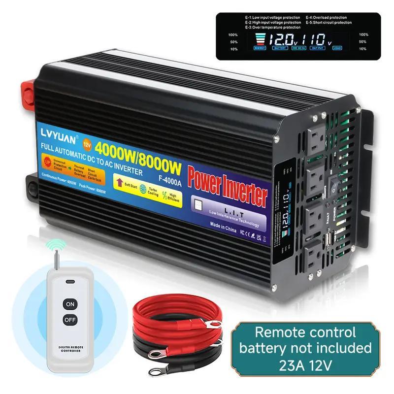 Pure Sine Wave Power Inverter 4000W 8000W Peak DC 12V to AC 110V with LCD Display Remote Control 4 AC for Garden, Patio and Yard Use
