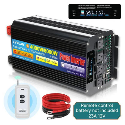 Pure Sine Wave Power Inverter 4000W 8000W Peak DC 12V to AC 110V with LCD Display Remote Control 4 AC for Garden, Patio and Yard Use