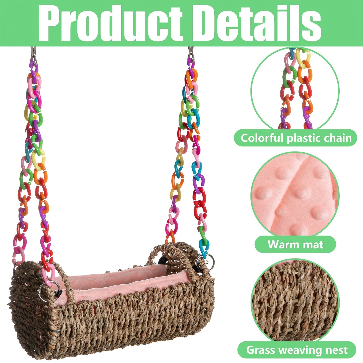 Rattan Hanging Bird Nest and Swing with Removable Mat and Choice of Natural Rope or Colorful Chain