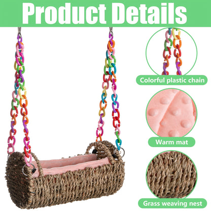 Rattan Hanging Bird Nest and Swing with Removable Mat and Choice of Natural Rope or Colorful Chain