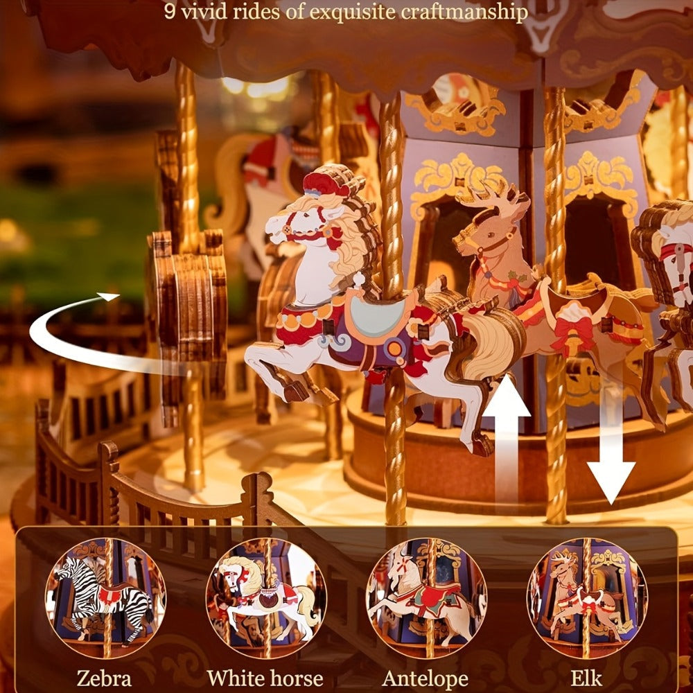 Rolife Carousel Music Box Kit, DIY 3D Wooden Puzzle Architectural Craft Model, Spinning Carousel with Music
